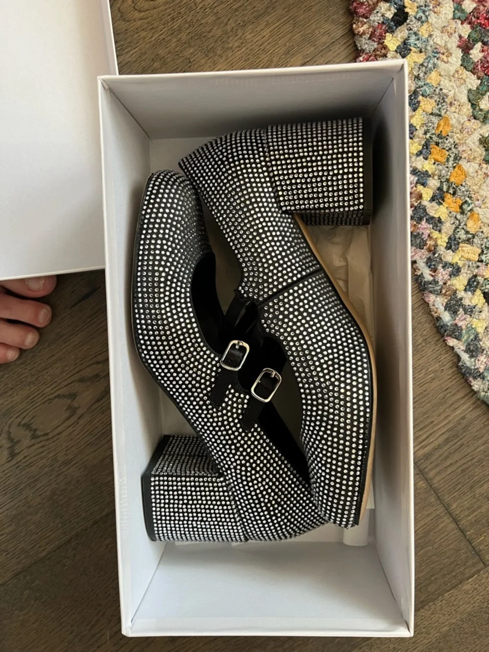 Call It Spring Black Rhinestone Double-Strap Block Heels - Picture 5 of 6